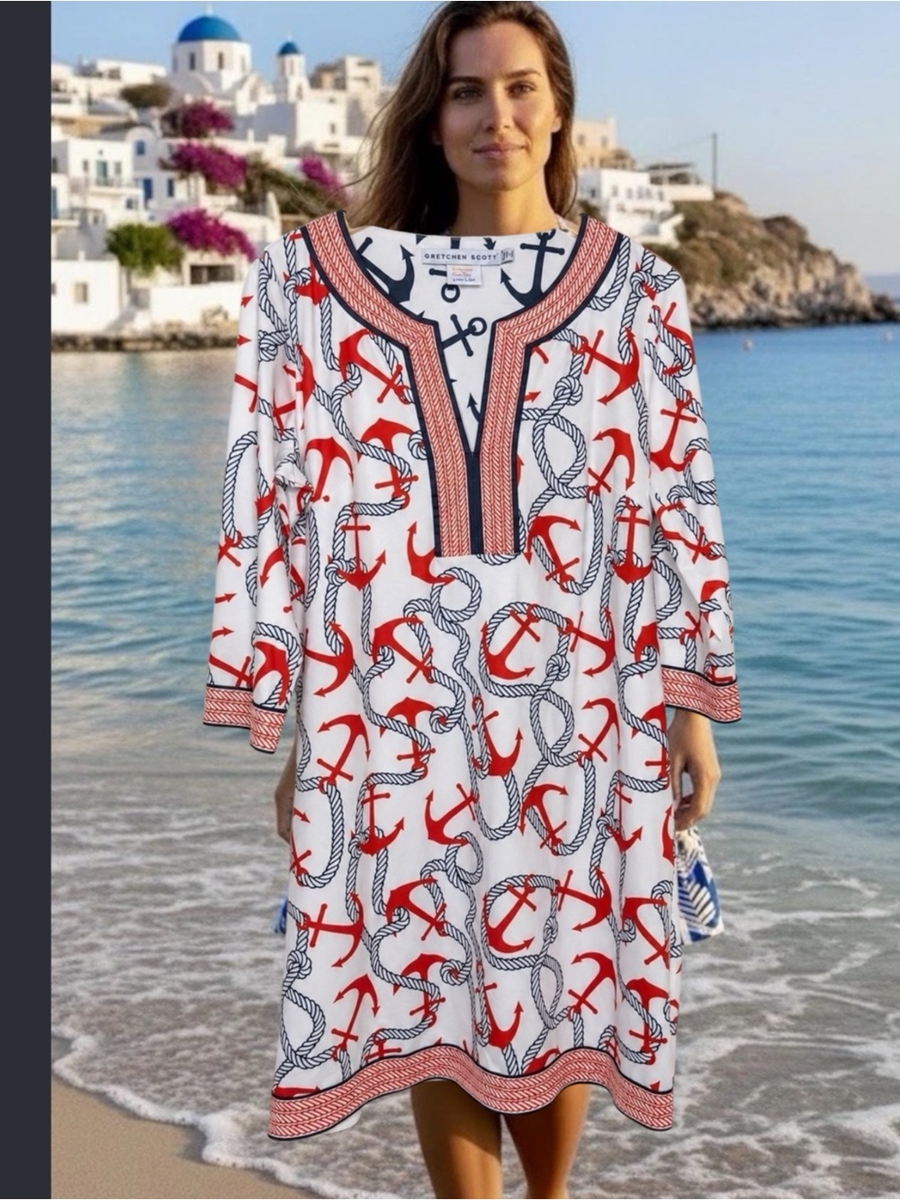 Gretchen Scott Designs White Cover-Up with Red Anchors and Navy Rope Trim